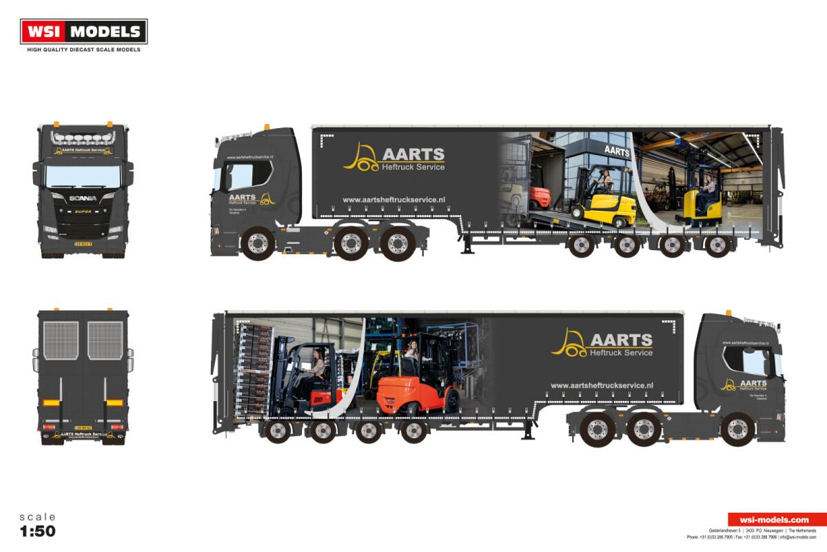 Aarts Heftruck Service; SCANIA R HIGHLINE CR20H 6X2 TWIN STEER SEMI WITH CURTAIN AND RAMPS - 4 AXLE - Celt Models