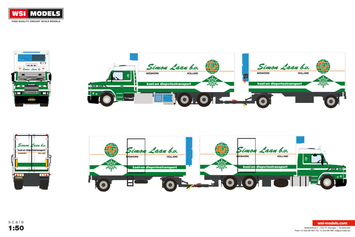 Simon Laan b.v.; SCANIA 3 SERIES TORPEDO STREAMLINE 6X2 TAG AXLE RIGED REEFER TRUCK DRAWBAR TRAILER - 5 AXLE