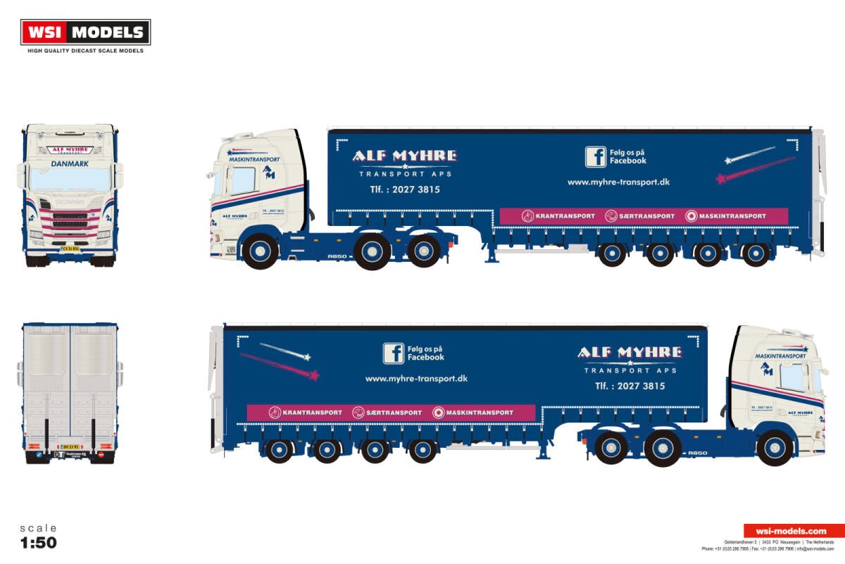 Alf Myhre; SCANIA R HIGHLINE CR20H 6X2 TAG AXLE SEMI WITH CURTAIN AND RAMPS - 4 AXLE - Celt Models