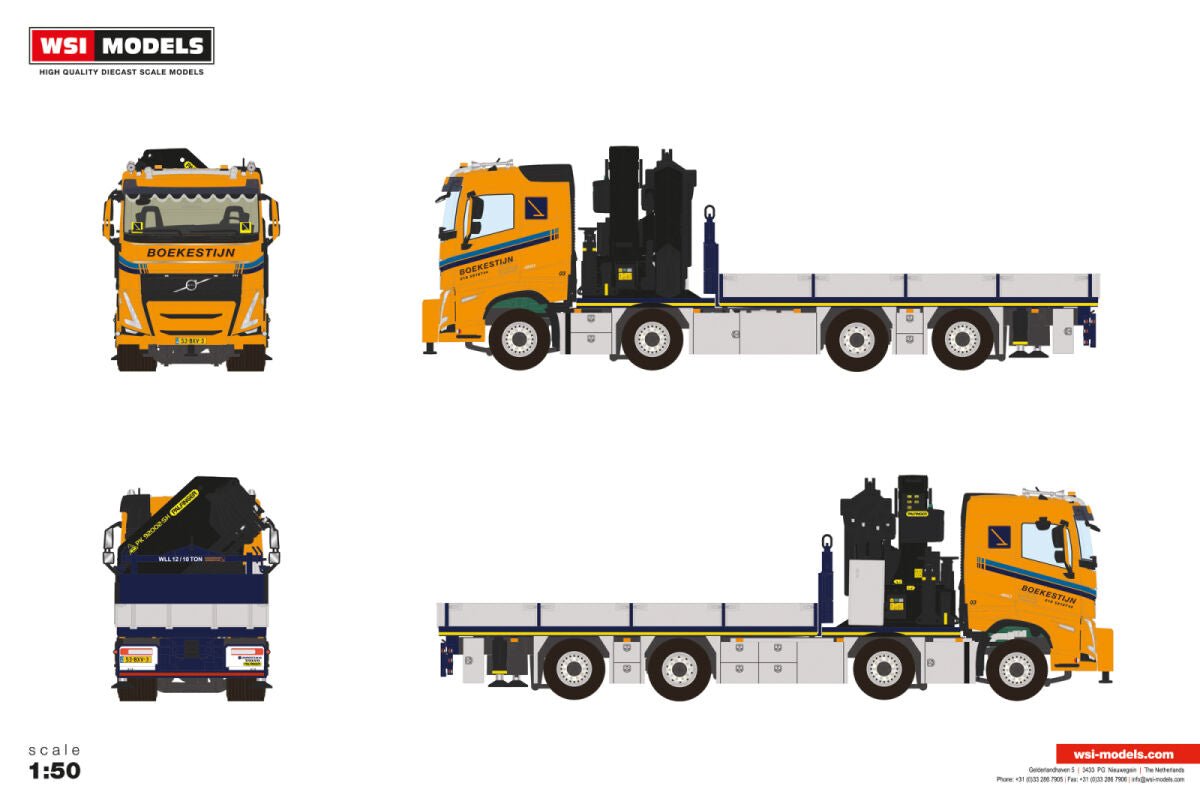 Boekestijn; VOLVO FH 5 SLEEPER CAB RIGED FLATBED TRUCK 8X2 TAG AXLE WITH PALFINGER PK 92002 SH + JIB - Celt Models