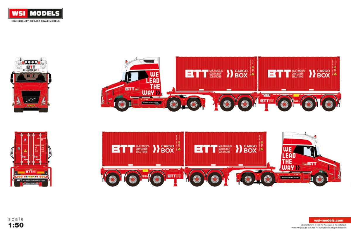 BTT Multimodal Container Solutions; VLASTUIN TORPEDO VT5 AERO GLOBETROTTER XXL 6X2 TAG AXLE 2CONNECT COMBI TRAILER - 5 AXLE + 2X 20FT CONTAINER - Celt Models