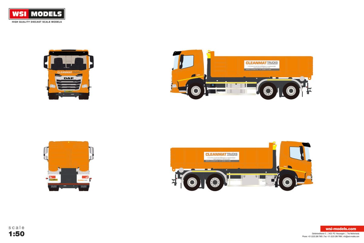 CLEANMAT Trucks; DAF XD DL MY25 6X2 TAG AXLE RIGED TRUCK WITH HOOKLIFT SYSTEM + 15M3 CONTAINER - Celt Models