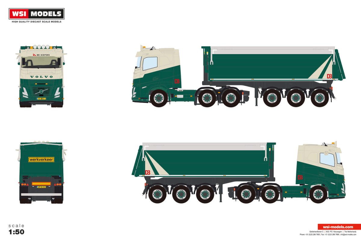 DB Kiepers; VOLVO FH AERO SLEEPER CAB 6X2 TWIN STEER NON STEERING TIPPER TRAILER - 3 AXLE - Celt Models