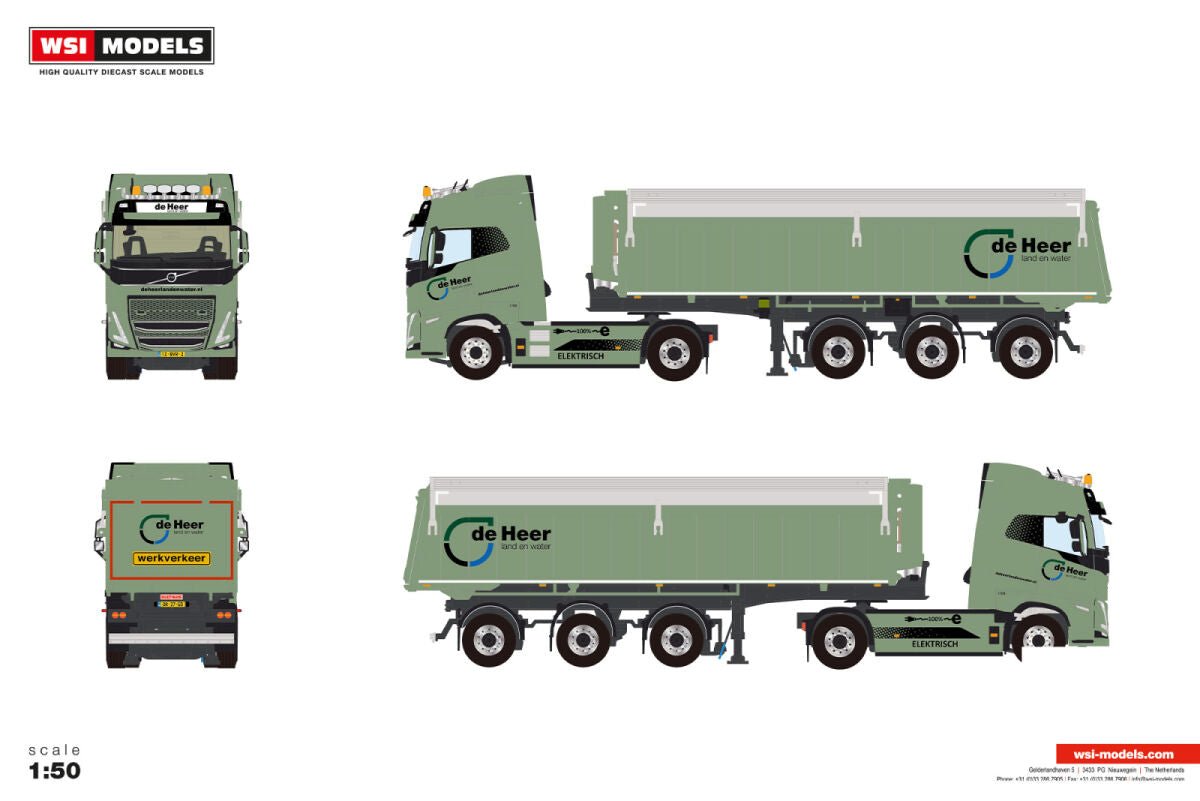De Heer land en water; VOLVO FH5 GLOBETROTTER ELECTRIC 4X2 TIPPER TRAILER - 3 AXLE - Celt Models
