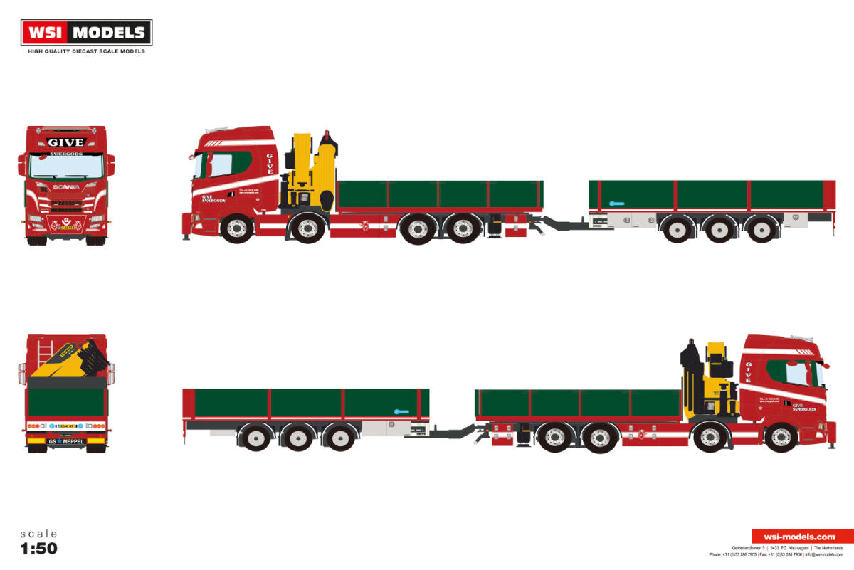 Give; SCANIA S HIGHLINE CS20H RIGED FLATBED TRUCK 8X2 TAG AXLE FLATBED DRAWBAR TRAILER - 3 AXLE WITH PALFINGER PK 480 TEC