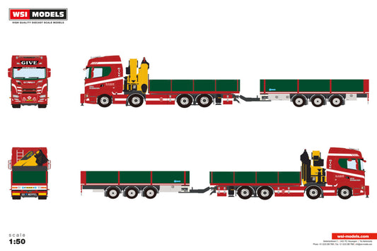 Give; SCANIA S HIGHLINE CS20H RIGED FLATBED TRUCK 8X2 TAG AXLE FLATBED DRAWBAR TRAILER - 3 AXLE WITH PALFINGER PK 480 TEC