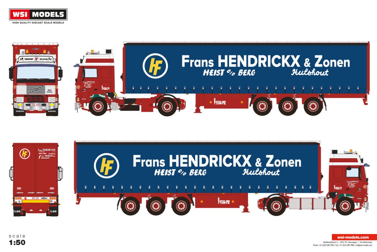 Hendrickx & Zonen; VOLVO F16 GLOBETROTTER 4X2 CURTAINSIDE TRAILER - 3 AXLE - Celt Models