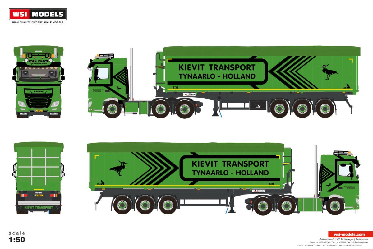 Kievit Transport B.V.; DAF XF SPACE CAB MY2017 6X2 TWIN STEER TIPPER VOLUME TRAILER - 3 AXLE - Celt Models