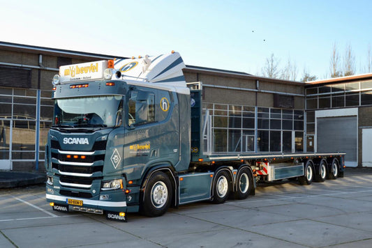 M. van den Heuvel; SCANIA R FLAT ROOF SLEEPER CAB 6X2 TWIN STEER FLATBED TRAILER WIDE SPREAD - 3 AXLE