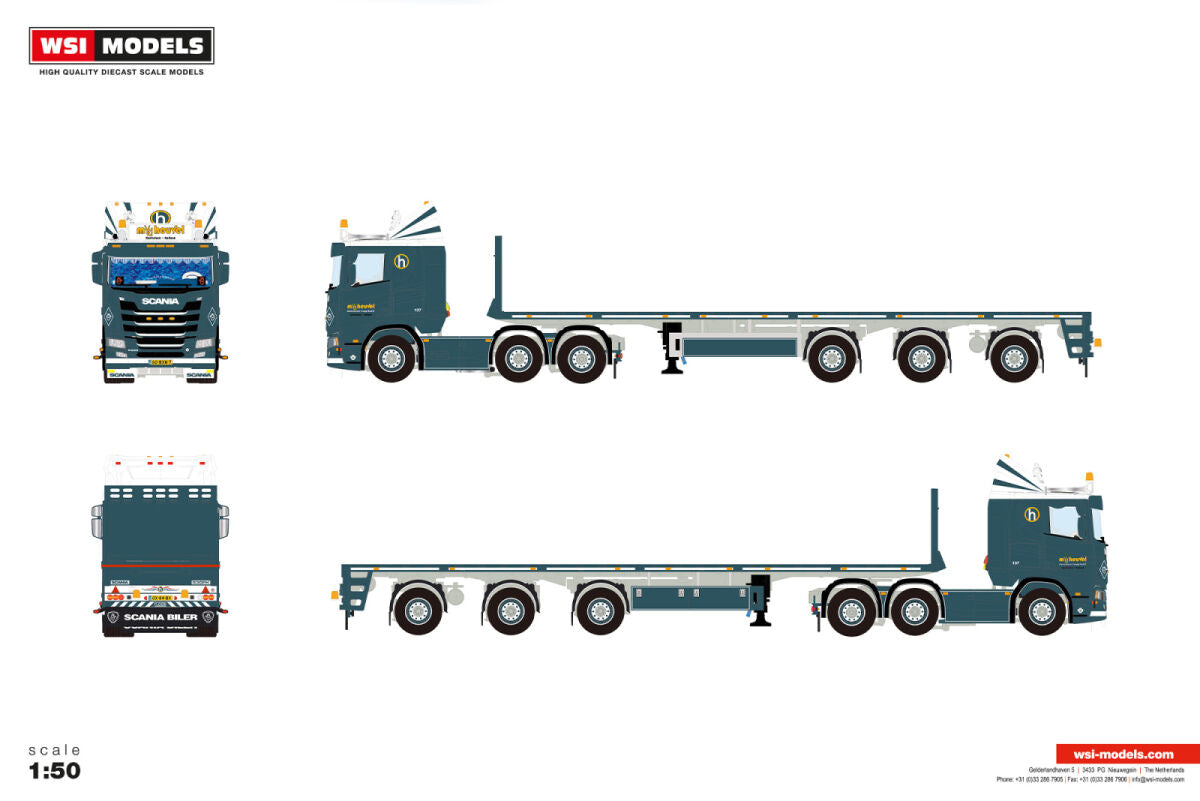 M. van den Heuvel; SCANIA R FLAT ROOF SLEEPER CAB 6X2 TWIN STEER FLATBED TRAILER WIDE SPREAD - 3 AXLE