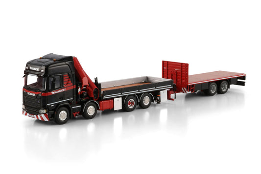 Mammoet; SCANIA R HIGHLINE CR20H RIGED FLATBED TRUCK 8X2 TAG AXLE RIGED FLATBED TRUCK DRAWBAR TRAILER - 6 AXLE WITH PALFINGER PK 370 TEC