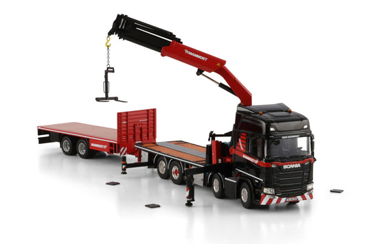 Mammoet; SCANIA R HIGHLINE CR20H RIGED FLATBED TRUCK 8X2 TAG AXLE RIGED FLATBED TRUCK DRAWBAR TRAILER - 6 AXLE WITH PALFINGER PK 370 TEC