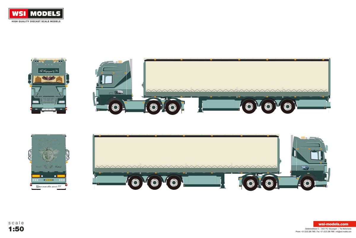 Nagtegaal; DAF XF95 SUPER SPACE CAB 6X2 TWIN STEER CURTAINSIDE TRAILER - 3 AXLE - Celt Models