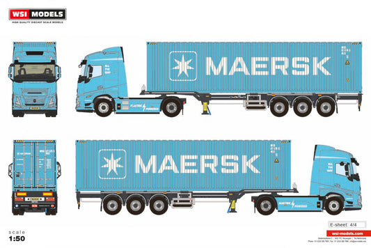 Premium Line; VOLVO FH AERO GLOBETROTTER ELECTRIC 4X2 FLEX CONTAINER TRAILER - 3 AXLE + 40FT CONTAINER HQ MAERSK