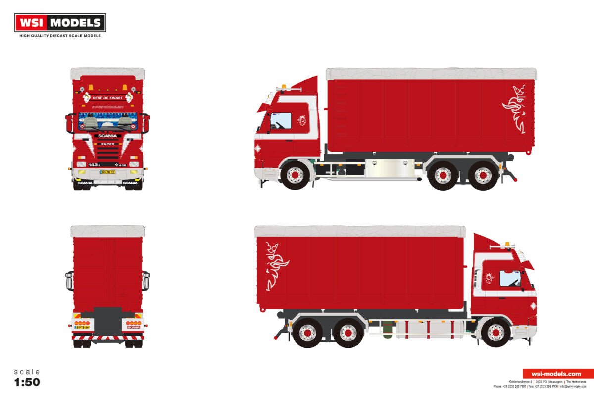Rene de Swart; SCANIA 3 SERIES STREAMLINE CABLE SYSTEM 6X2 TAG AXLE + 40M3 CONTAINER - Celt Models