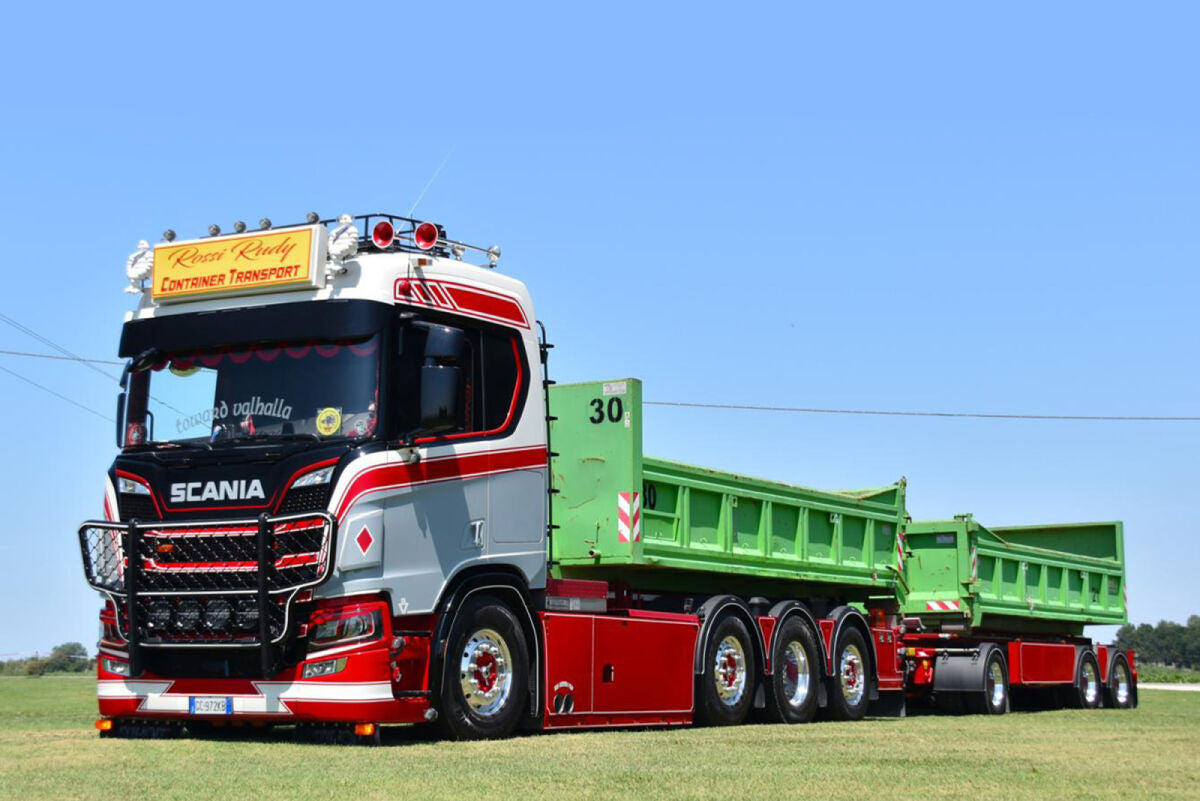 Rossi Rudy Container Transport; SCANIA R NORMAL CR20N RIGED TRUCK WITH HOOKLIFT SYSTEM 8X2 TRIDEM HOOKLIFT CONTAINER DRAWBAR TRAILER - 3 AXLE + 2X 15M3 CONTAINER