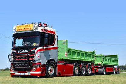 Rossi Rudy Container Transport; SCANIA R NORMAL CR20N RIGED TRUCK WITH HOOKLIFT SYSTEM 8X2 TRIDEM HOOKLIFT CONTAINER DRAWBAR TRAILER - 3 AXLE + 2X 15M3 CONTAINER
