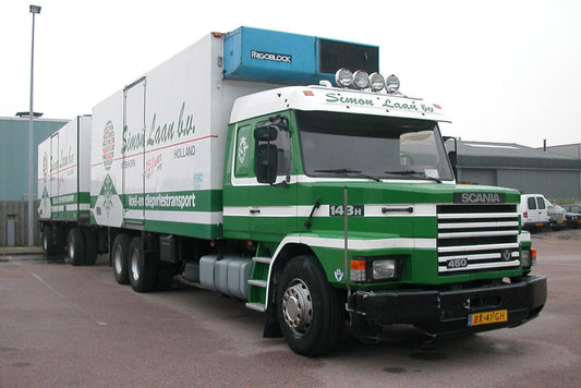 Simon Laan b.v.; SCANIA 3 SERIES TORPEDO STREAMLINE 6X2 TAG AXLE RIGED REEFER TRUCK DRAWBAR TRAILER - 5 AXLE