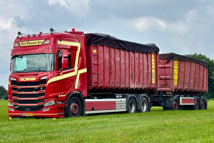 Top Trans b.v.; SCANIA R HIGHLINE CR20H 6X2 TAG AXLE RIGED TRUCK DRAWBAR WITH HOOKLIFT SYSTEM - 3 AXLE + 2X 40M3 CONTAINER