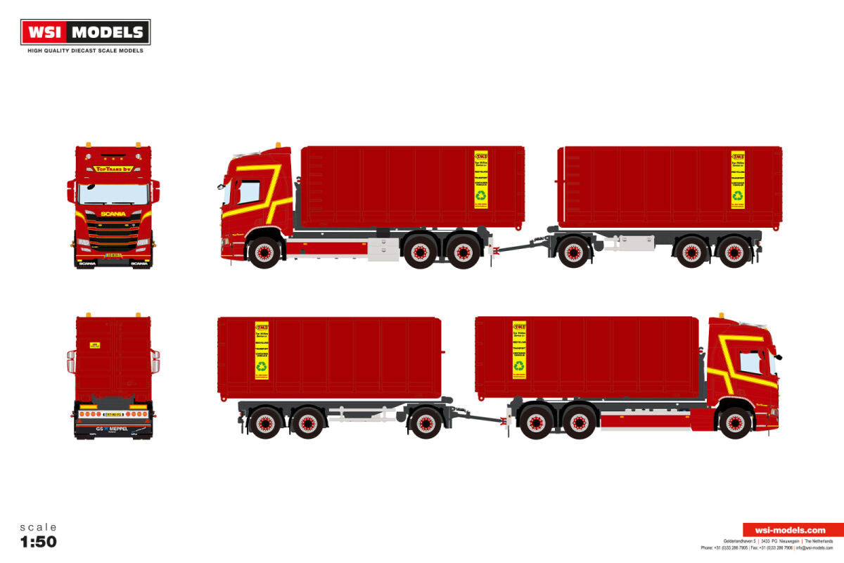Top Trans b.v.; SCANIA R HIGHLINE CR20H 6X2 TAG AXLE RIGED TRUCK DRAWBAR WITH HOOKLIFT SYSTEM - 3 AXLE + 2X 40M3 CONTAINER