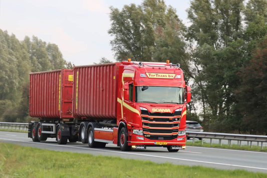 Top Trans b.v.; SCANIA R HIGHLINE CR20H 6X2 TAG AXLE RIGED TRUCK DRAWBAR WITH HOOKLIFT SYSTEM - 3 AXLE + 2X 40M3 CONTAINER