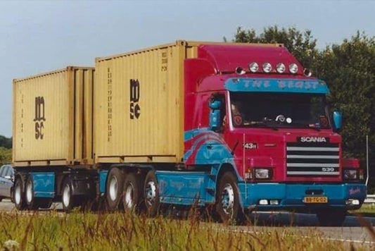van Drunen; SCANIA 3 SERIES TORPEDO STREAMLINE RIGED CONTAINER FRAME TRUCK 8X2 TRIDEM RIGED CONTAINER FRAME TRUCK DRAWBAR TRAILER - 3 AXLE + 2X 20FT CONTAINER