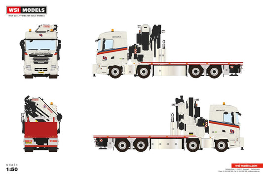 Van Noort Transporten; SCANIA R NORMAL CR20N RIGED FLATBED TRUCK 8X2 TAG AXLE WITH FASSI 1100 + JIB - Celt Models