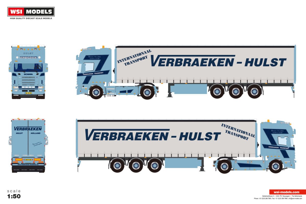 Verbraeken; SCANIA 4 SERIES TOPLINE 4X2 CURTAINSIDE TRAILER - 3 AXLE - Celt Models